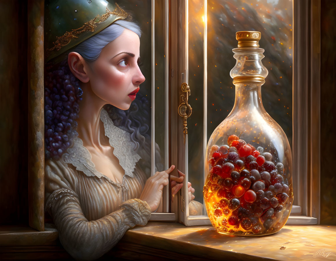 Medieval woman in pensive pose by window with glowing grape-filled bottle