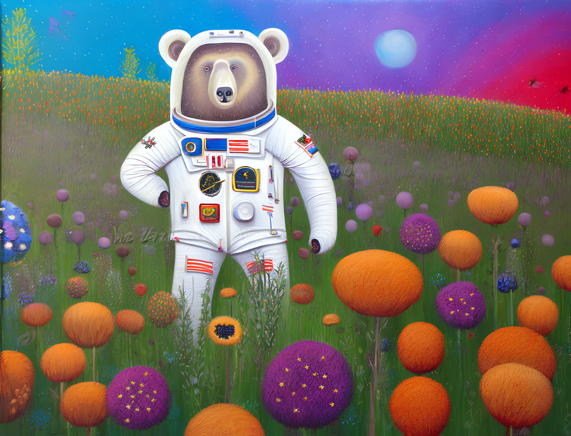 Bear in astronaut suit in fantasy field with vivid mushrooms and starry sky