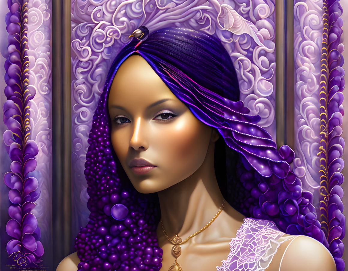 Illustrated portrait of woman with purple hair, lace collar, and gold jewelry on ornate purple background