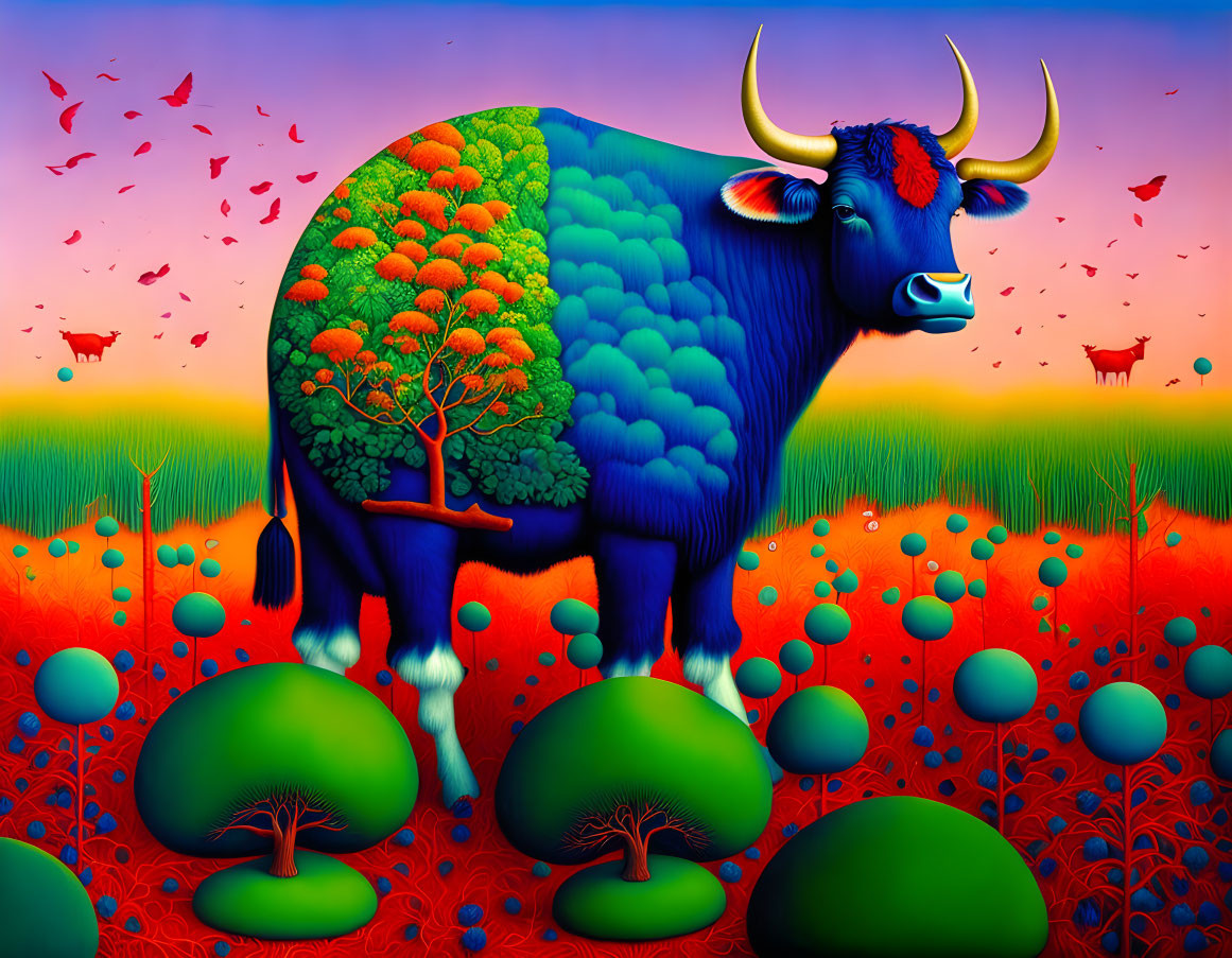 Colorful surreal artwork: blue cow with tree body in red sky landscape