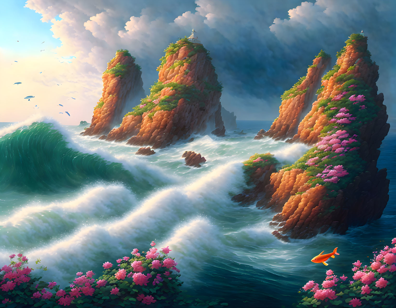 Tranquil scene of green islands, pink trees, blue sea, and fluffy clouds