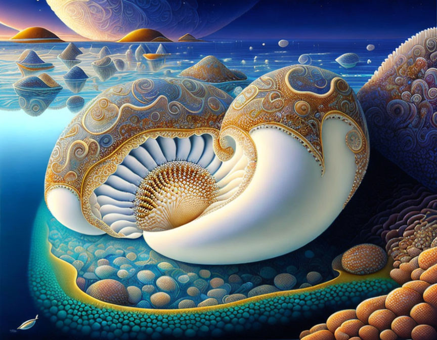 Surreal fractal landscape with ornate snail-like structures in blue waters