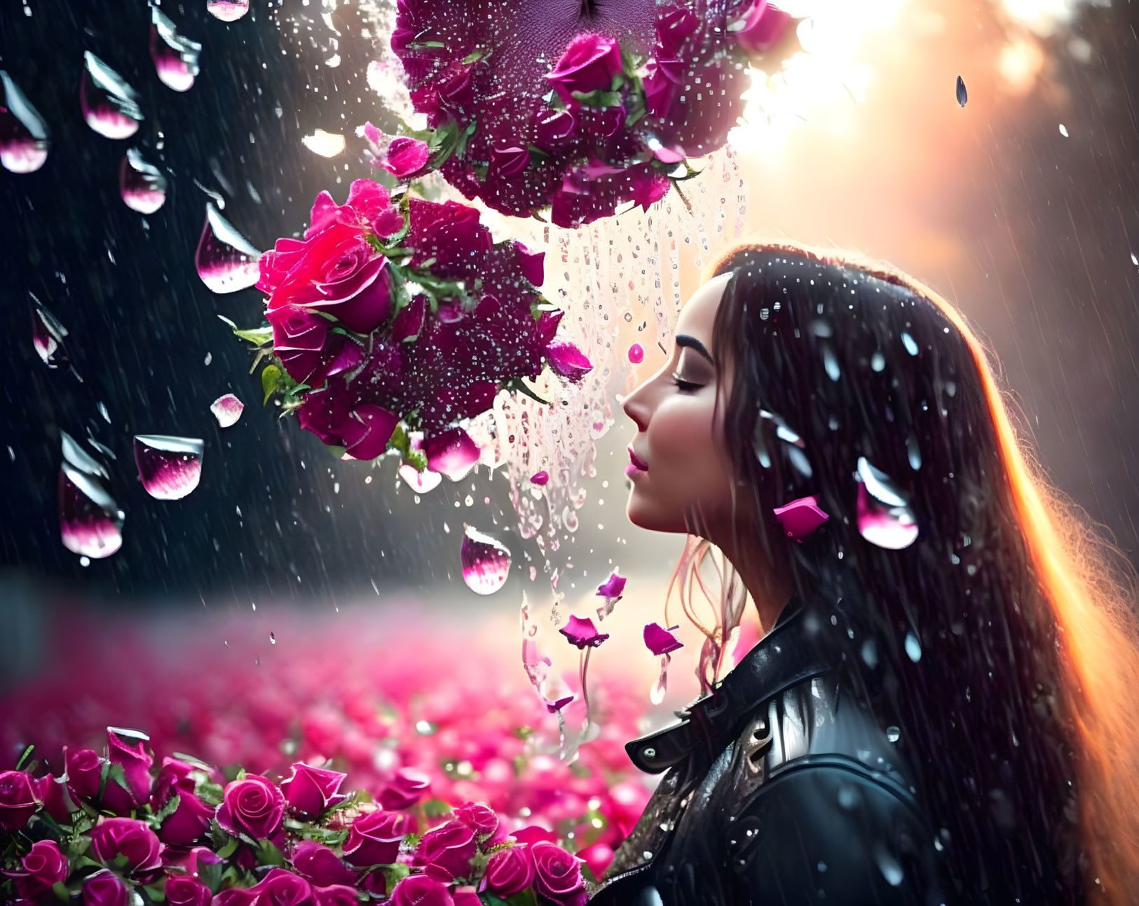 Woman in leather jacket surrounded by falling pink rose petals and rain in rose-filled background