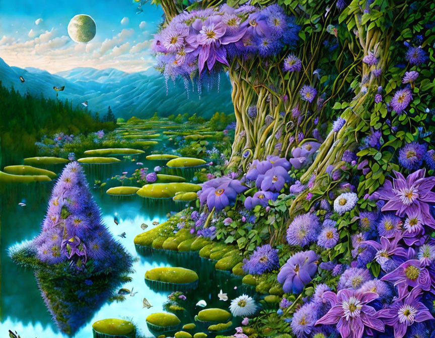 Fantastical landscape with purple flowers, greenery, lily pads, and moonlit sky