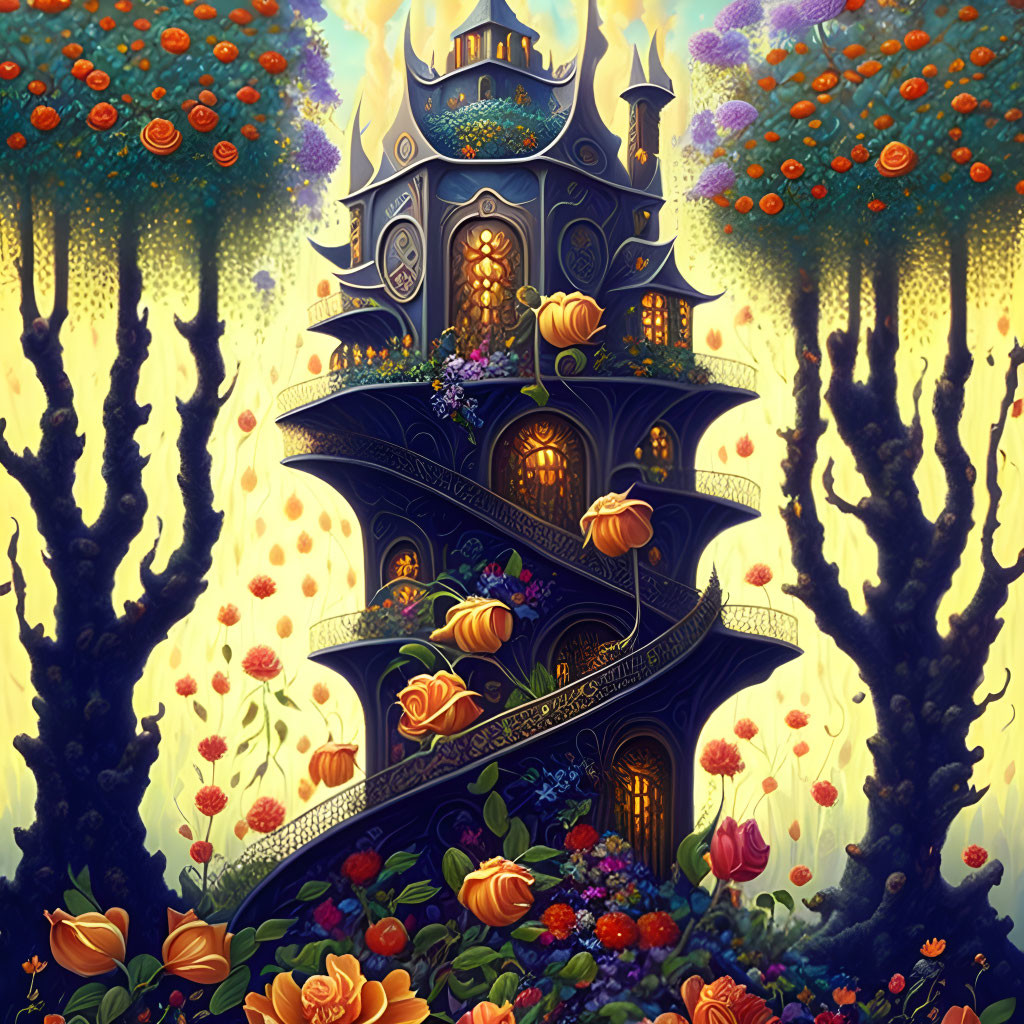 Enchanting fairy tale house with garden and pumpkin lanterns