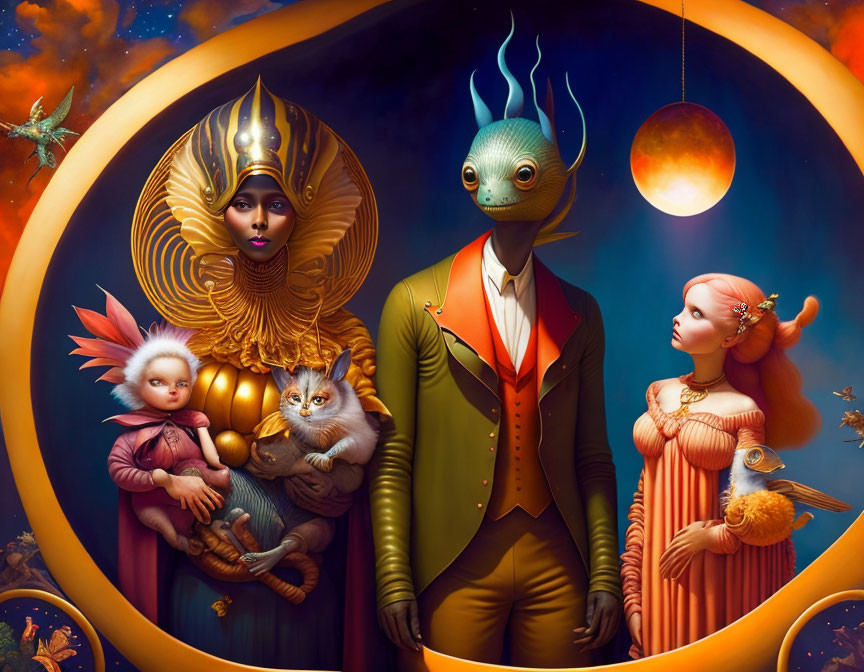 Surrealist portrait featuring four fantastical figures in opulent attire