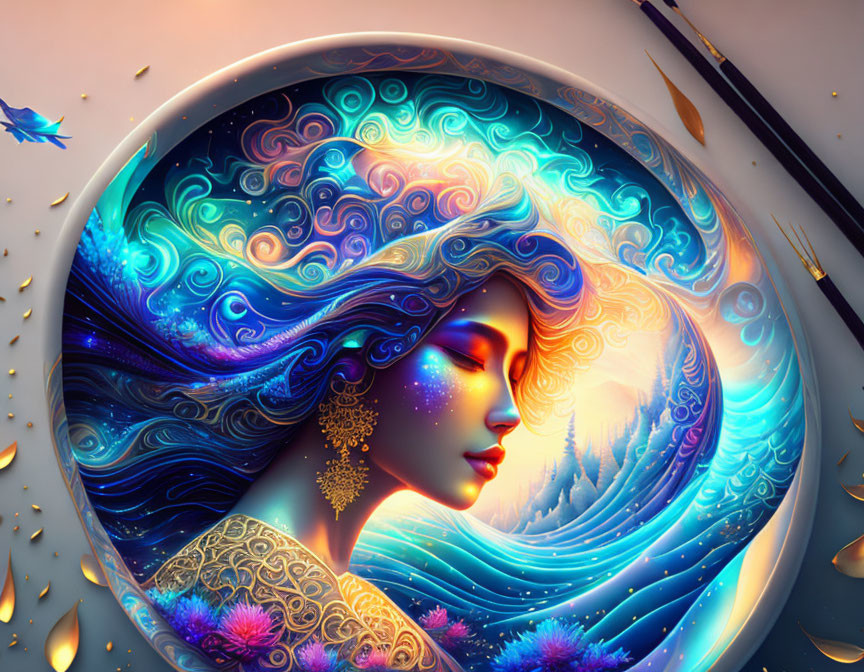 Vibrant night scene with woman's wavy hair in circular frame