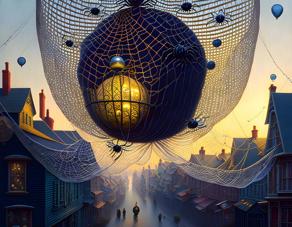 Whimsical illustration of Victorian street with giant cobweb and steampunk spiders