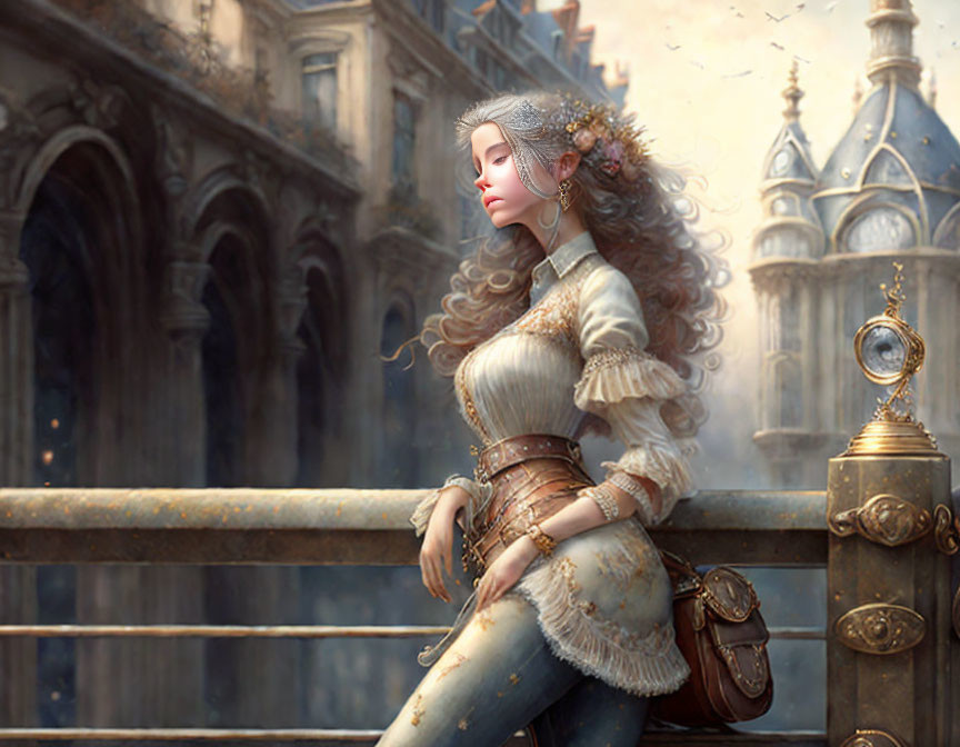 Fantasy steampunk digital art: Woman in ornate attire on balcony with flying machines