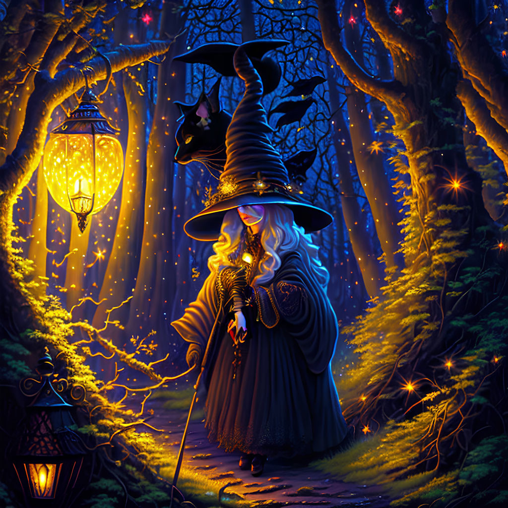 Mystical cloaked witch with cat in enchanted forest at night