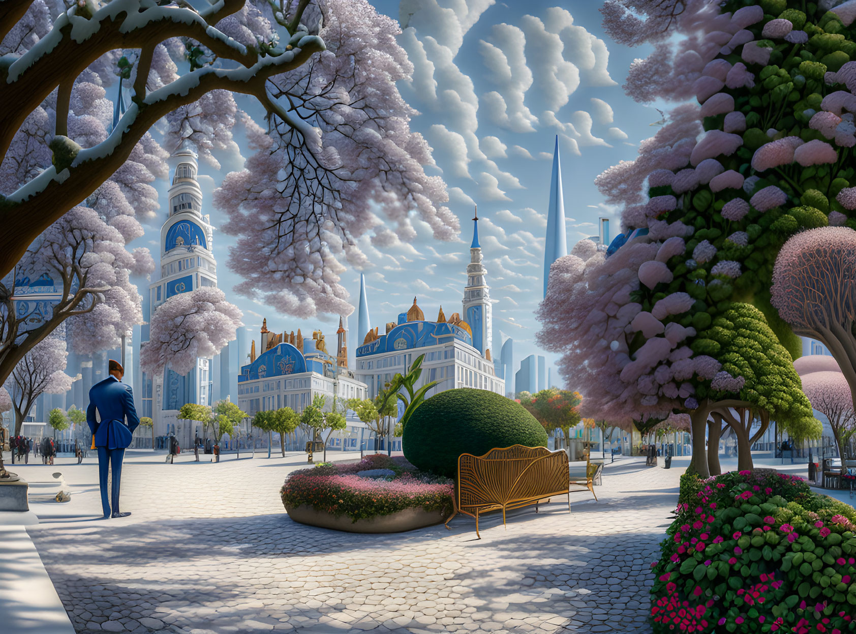 Futuristic city park with pink trees and whimsical architecture