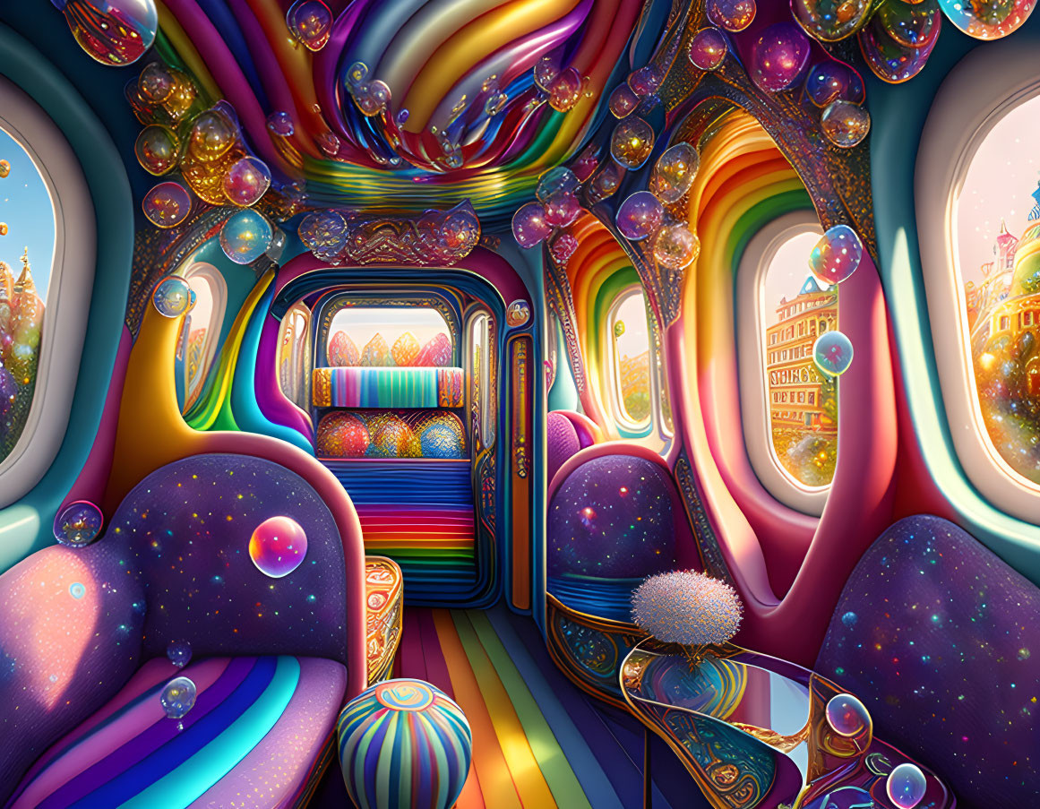 Colorful Psychedelic Interior with Rainbow Palette and Cosmic Patterns