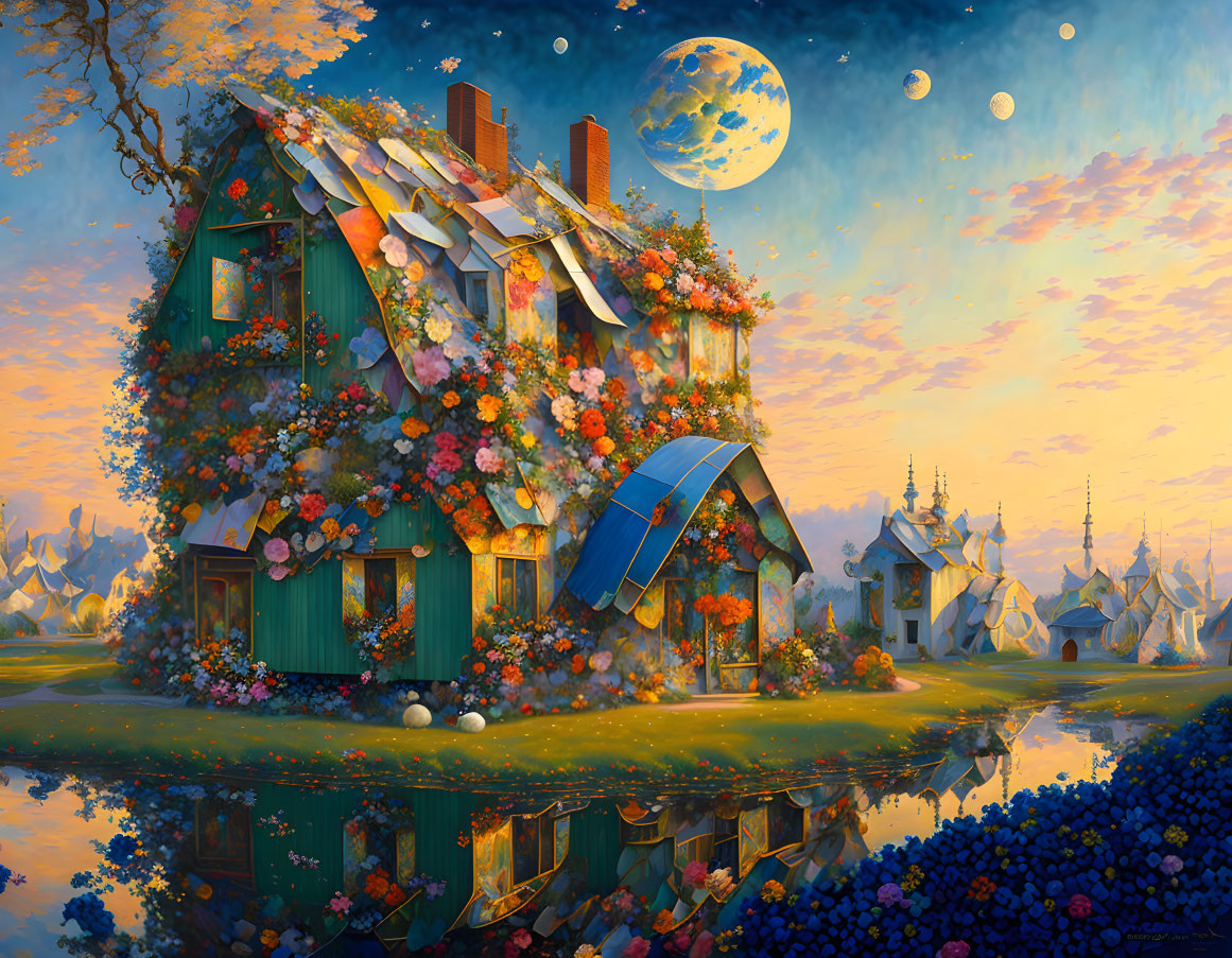 Charming fantasy cottage surrounded by flowers, moonlit sky, and distant mountains