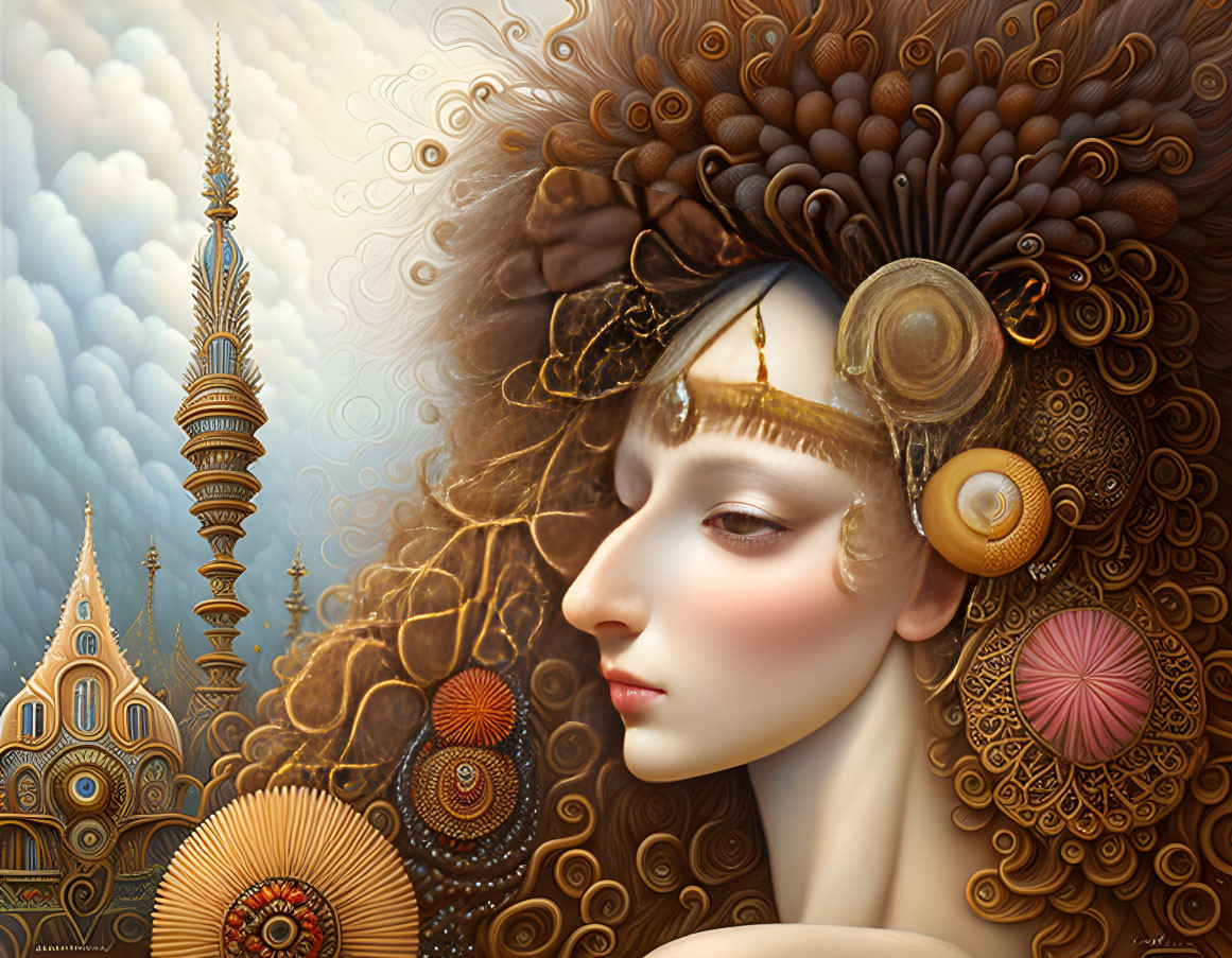 Surreal artwork of woman with golden headgear and temples.