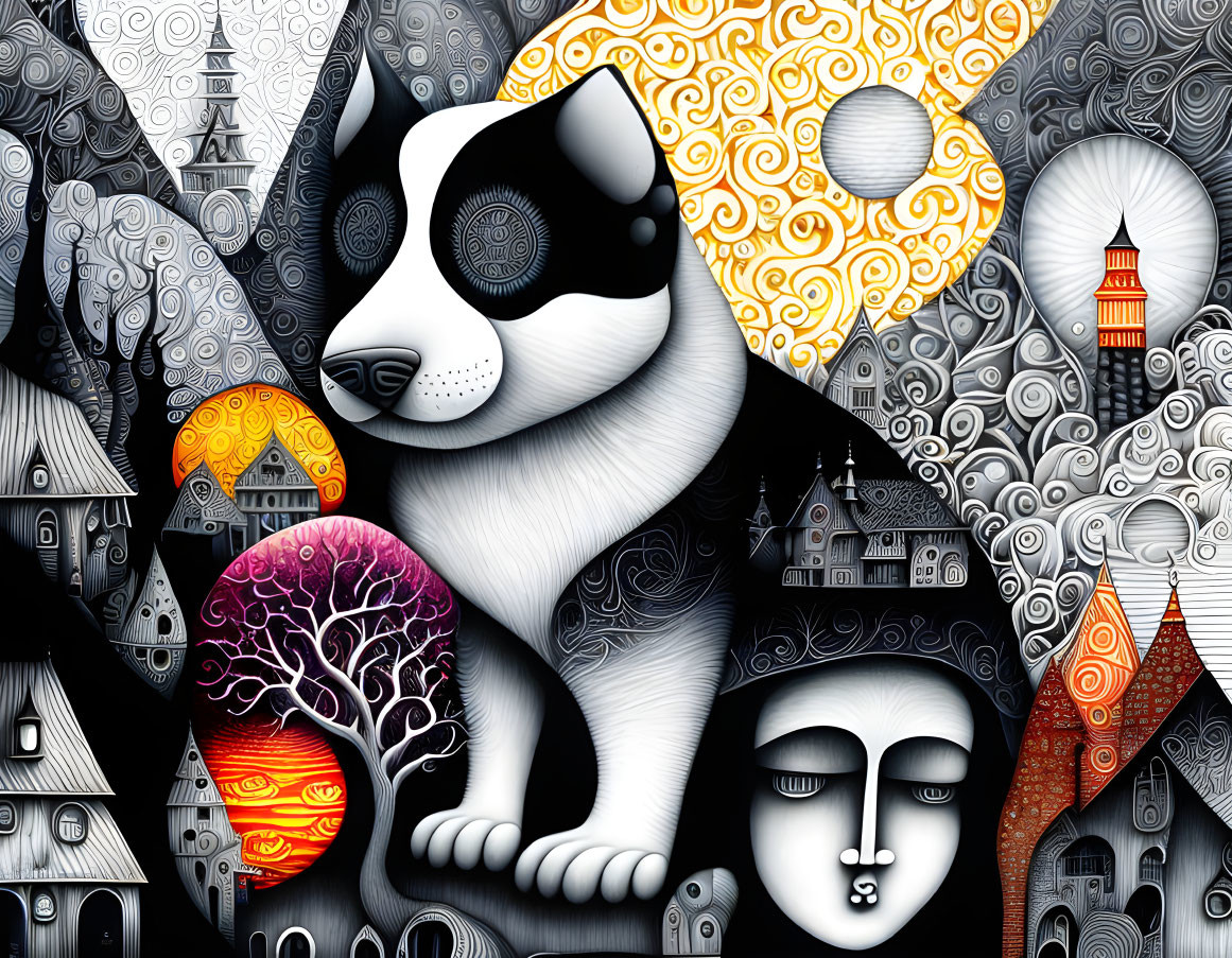 Whimsical black and white dog in surreal mosaic landscape