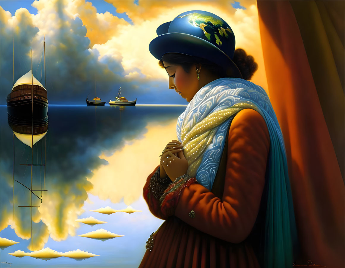 Surreal painting: Woman gazes at reflective surface with ships, clouds, and earth on hat