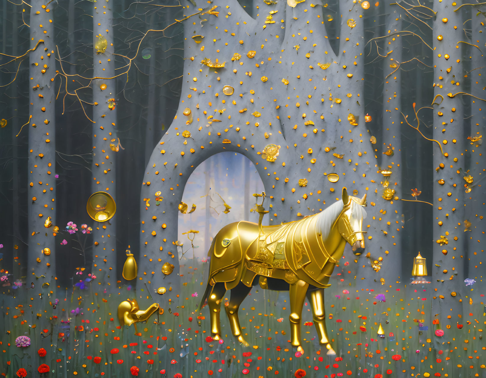 Surreal golden horse in mystical forest with floating clocks and flowers