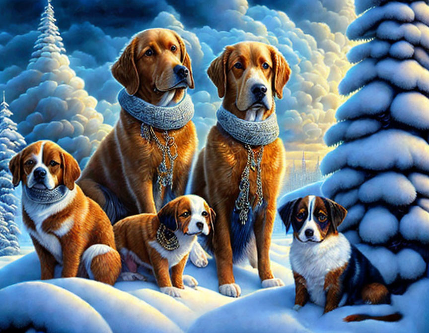 Four Dogs in Scarves in Snowy Pine Tree Landscape