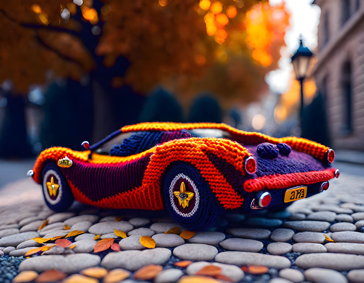 Handmade crochet cover with classic car design on cobblestone street