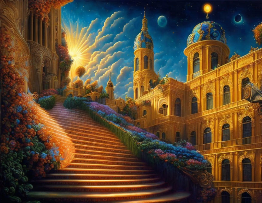 Fantastical illuminated palace with ornate architecture and grand staircases under ethereal sky