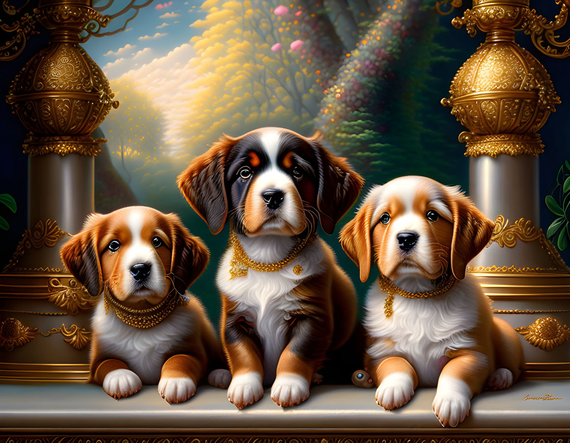 Three adorable puppies with golden collars in lush garden setting