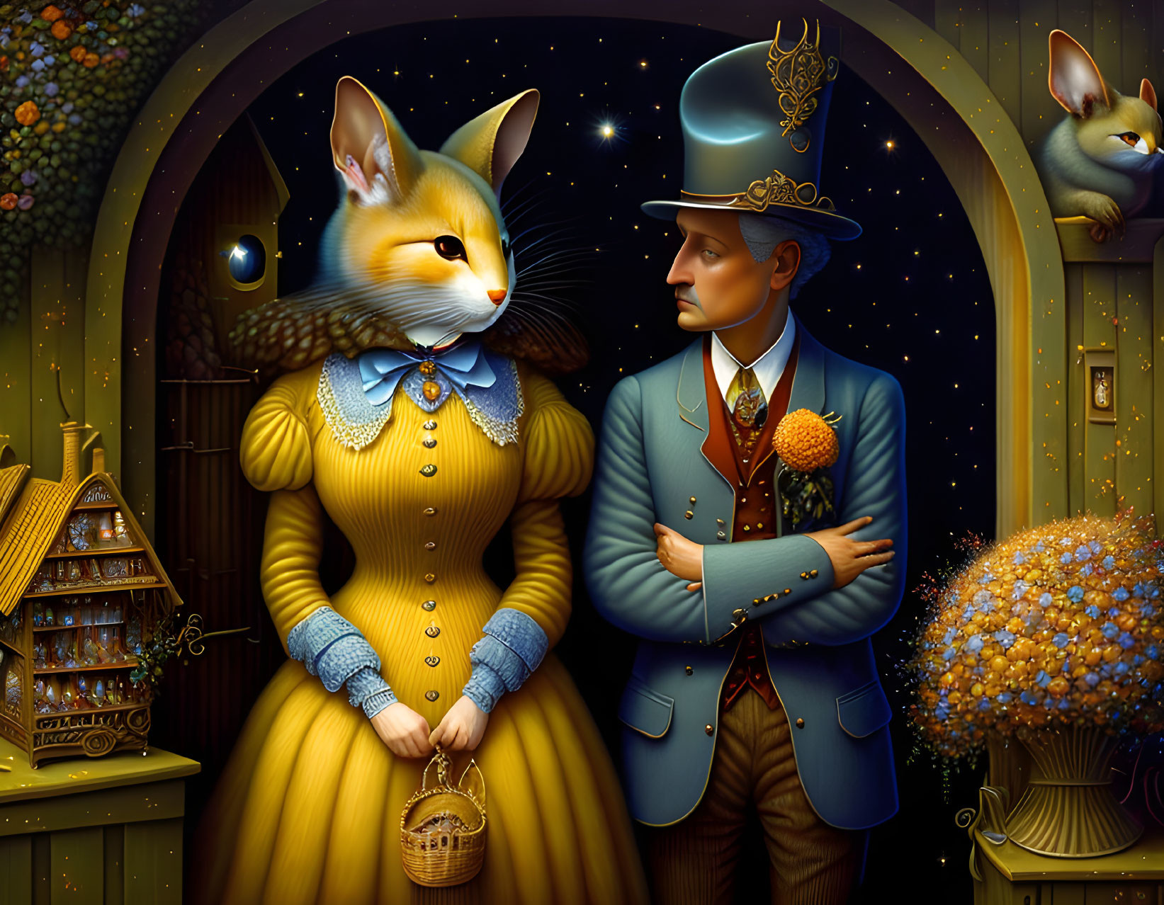 Victorian-themed humanoid cat and man in elegant attire with starry motifs.