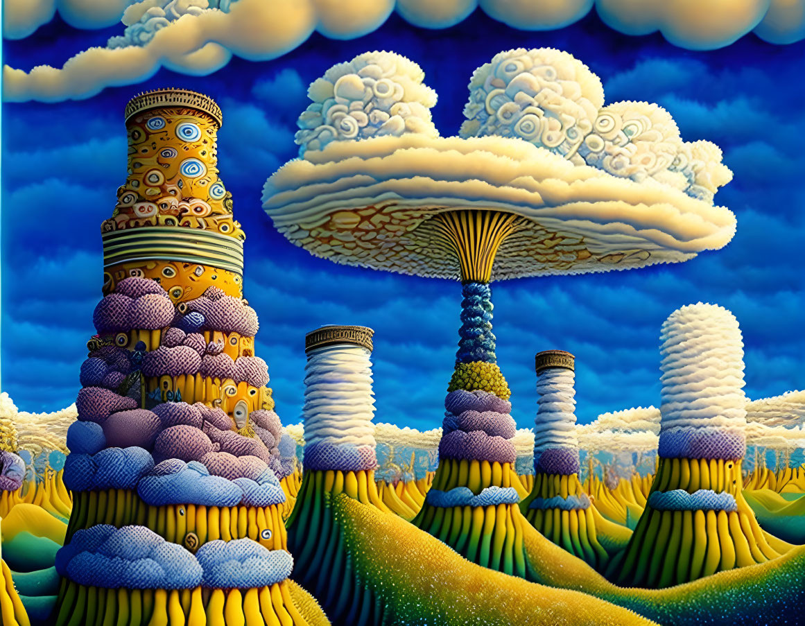 Colorful Textured Towers in Surreal Landscape with Mushroom-like Clouds