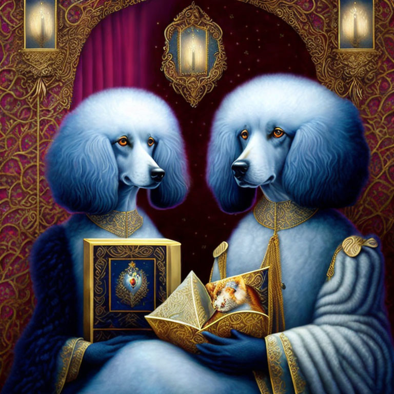 Anthropomorphic poodles in regal attire with box and book, lanterns, purple curtain.