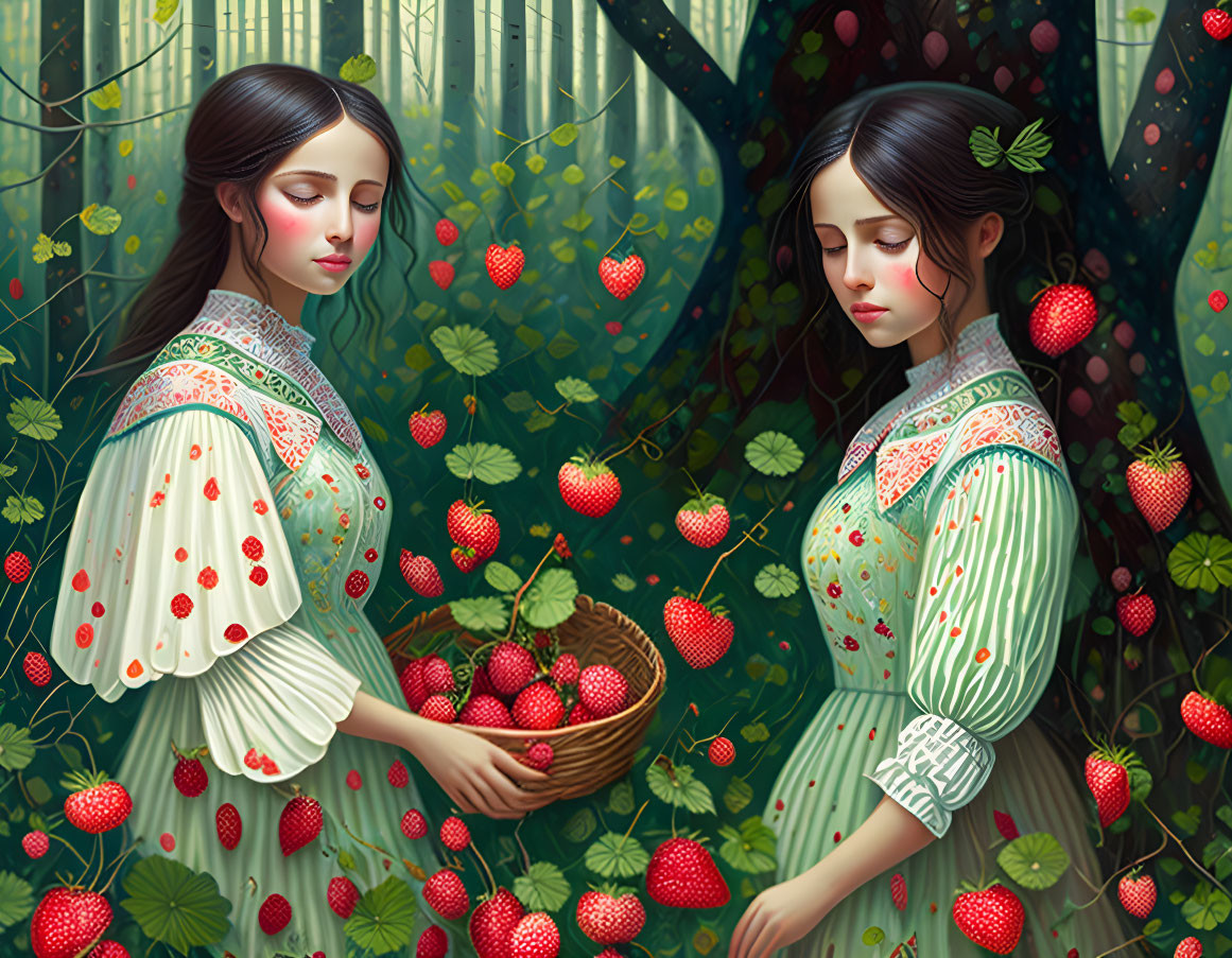 Two Women Picking Strawberries in Traditional Dresses