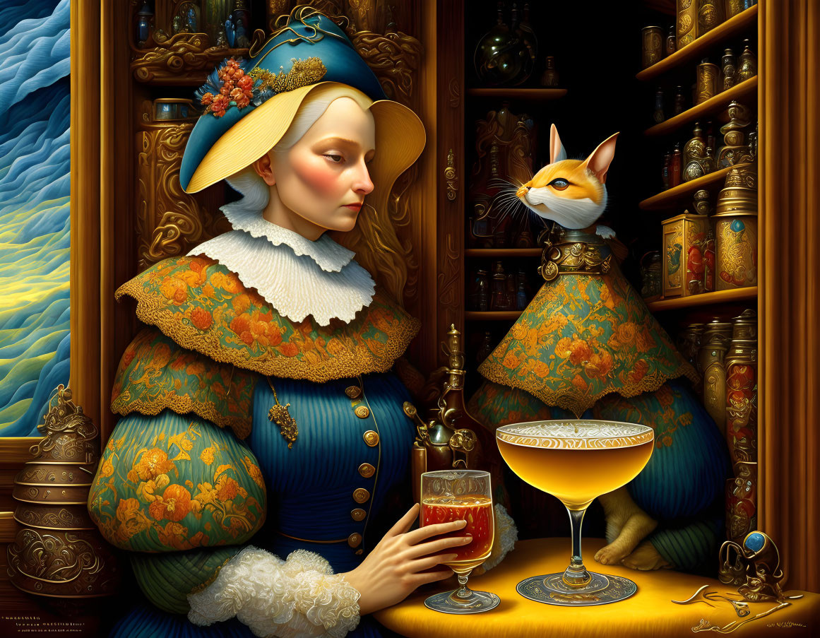 Surreal portrait of woman in Renaissance attire with fox-headed creature and ornate furniture