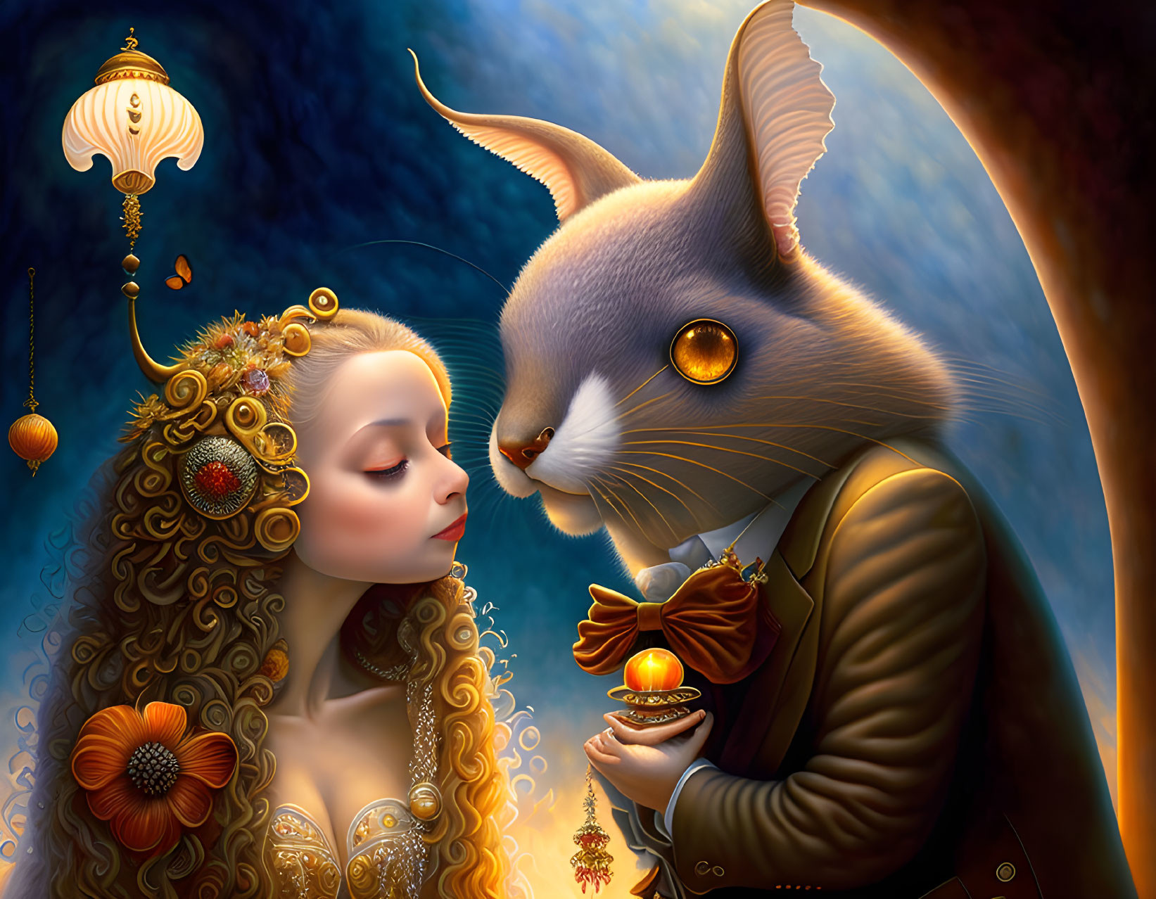 Woman in ornate attire gazes at anthropomorphic cat in suit against dreamy blue backdrop