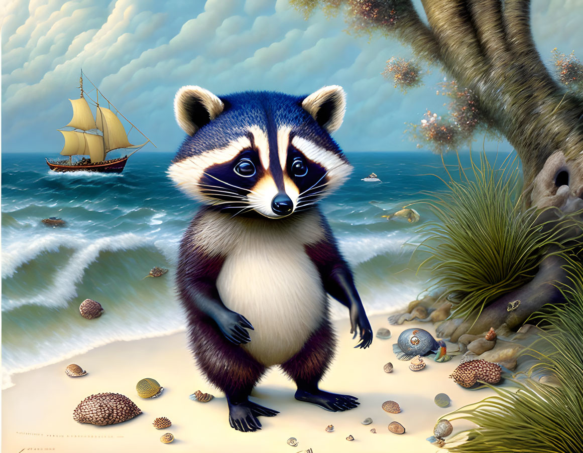 Whimsical painting of raccoon on beach with seashells, sailing ship, and tree