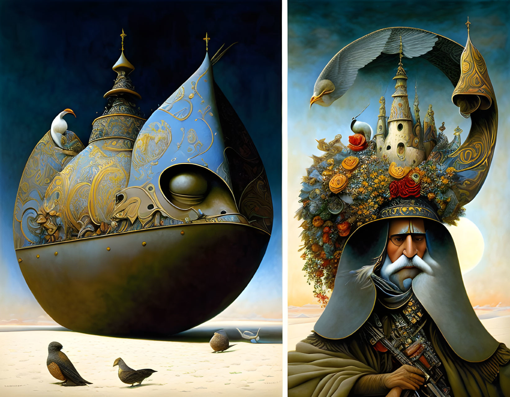 Surreal diptych: ornate vessel in desert & figure with bountiful hat and