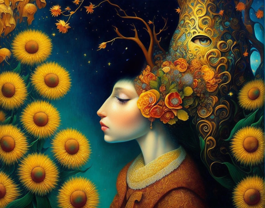 Surreal image: Woman's profile with tree and sunflowers hair merging with night sky