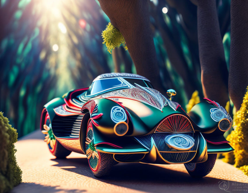 Colorful illustration: ornate car in fantastical forest with light beams