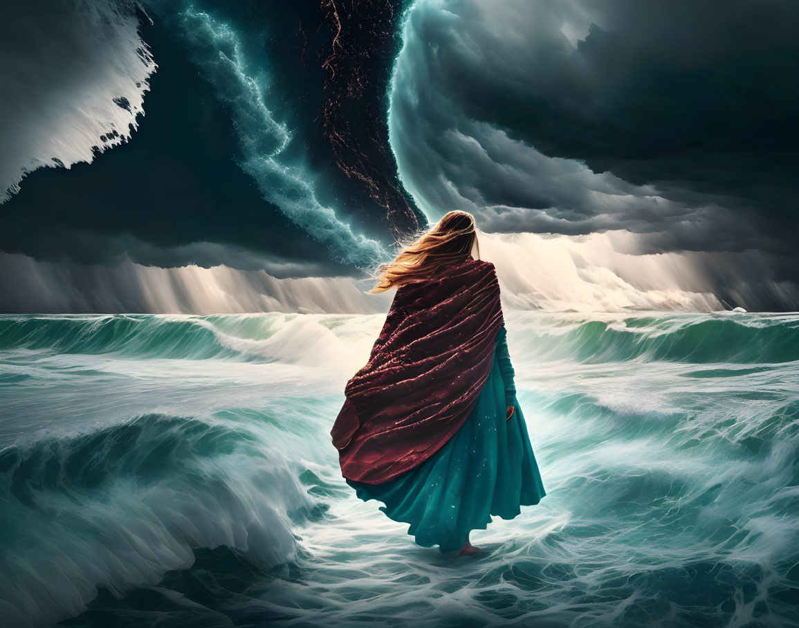 Woman in teal dress faces stormy waves under swirling sky