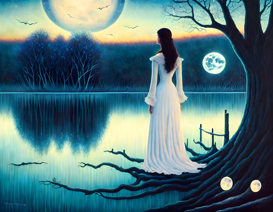 Woman in white dress by moonlit lake with two moons reflected, birds flying in dusk sky