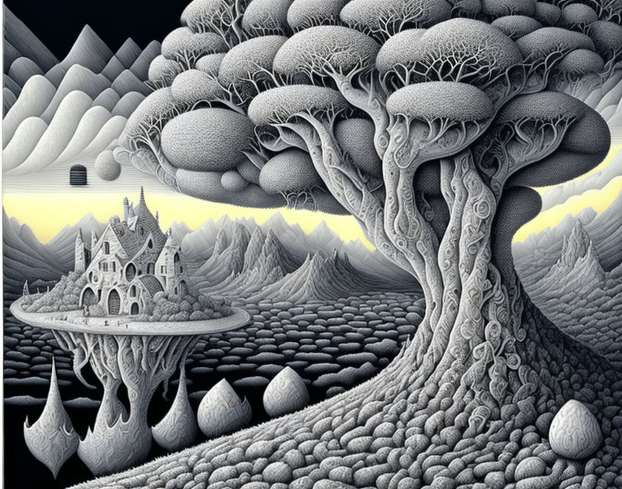 Monochromatic fantasy landscape with intricate tree, circular platform, house, rolling hills, stylized clouds