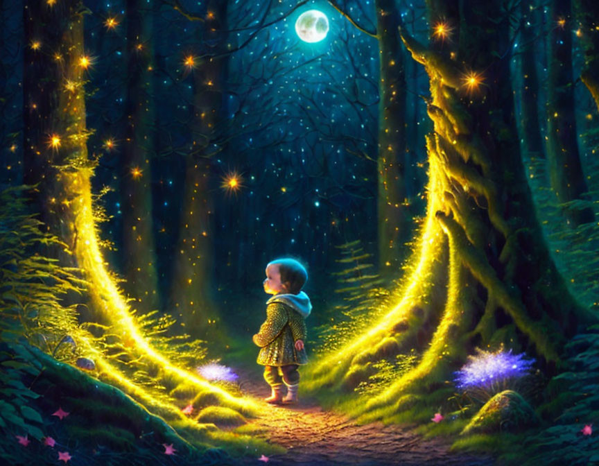 Child in Enchanted Forest with Glowing Trees and Fireflies