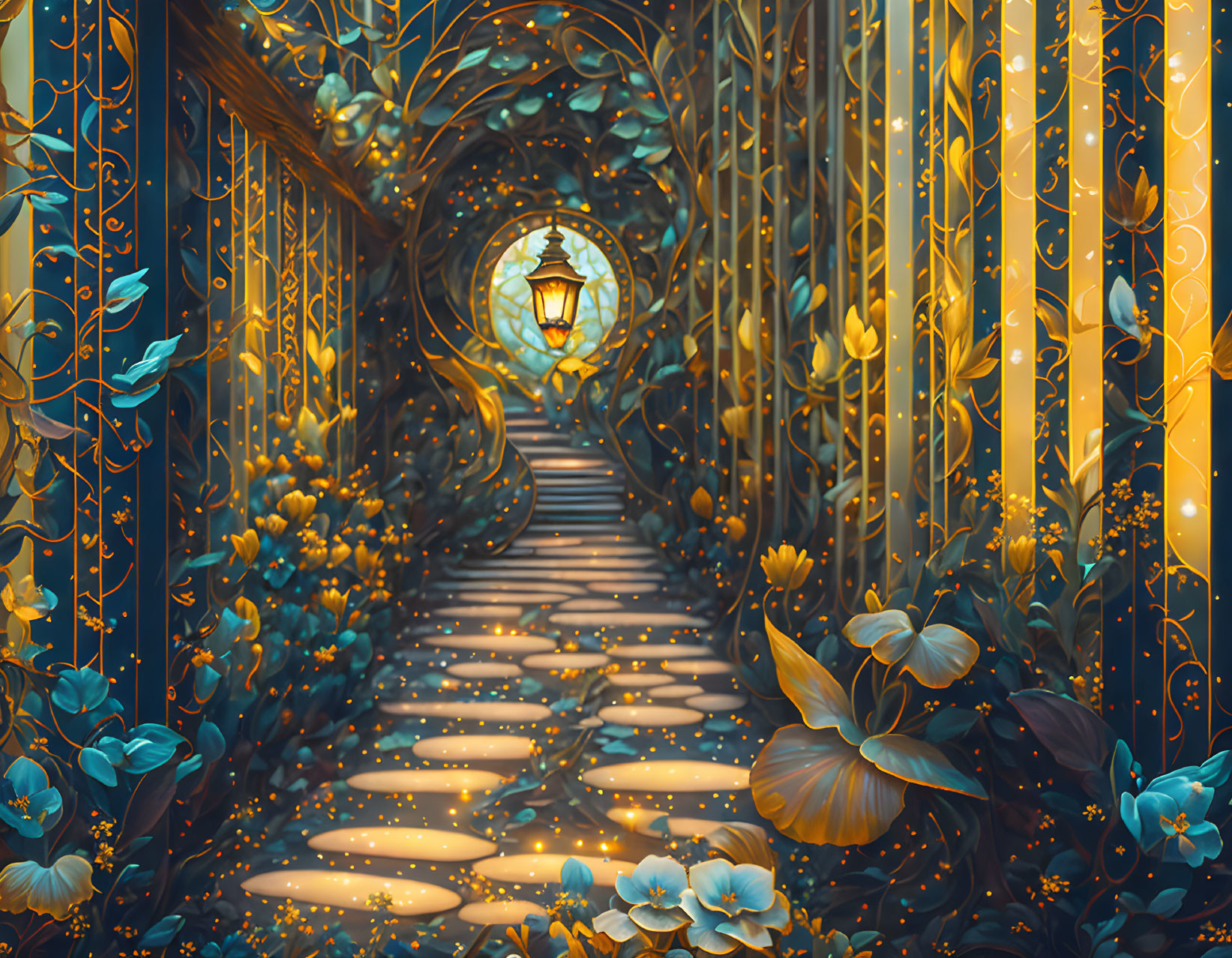 Enchanted pathway with golden gates, luminescent flowers, vines, and glowing lantern