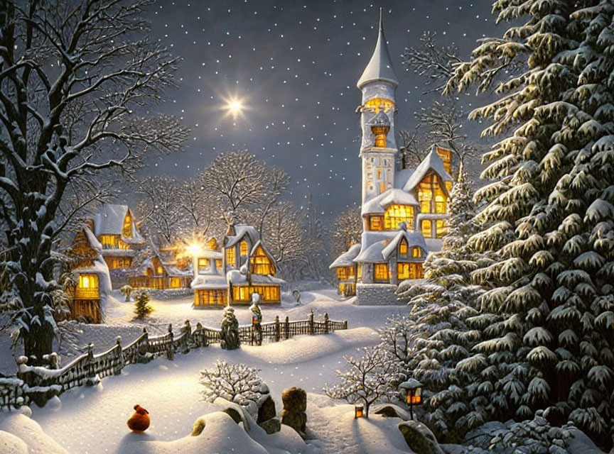 Snow-covered winter village with glowing tower under starry sky