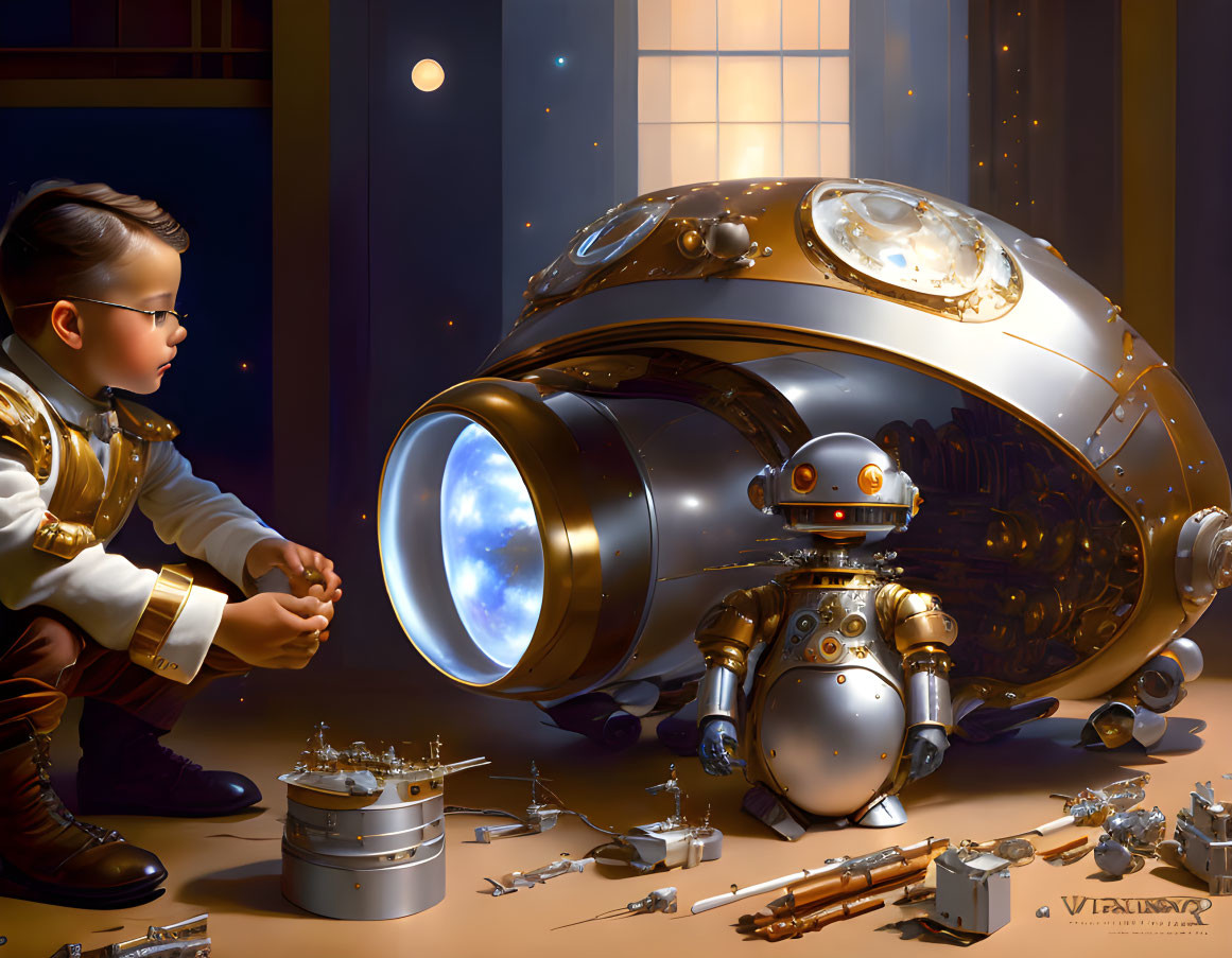 Boy in pilot outfit with robot among model rockets and tools in front of spacecraft viewport.