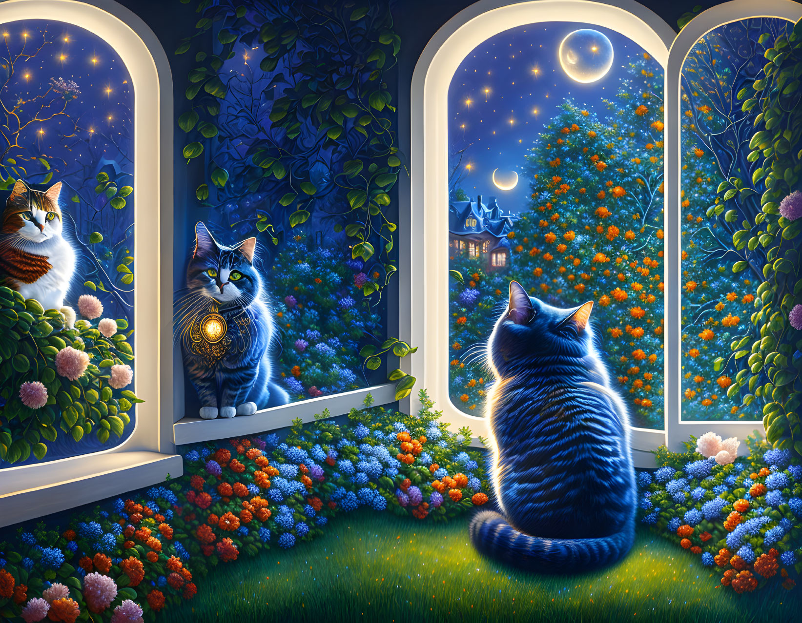 Two Cats on Floral Windowsill under Starry Night Sky with Pendant and Orange Flowers