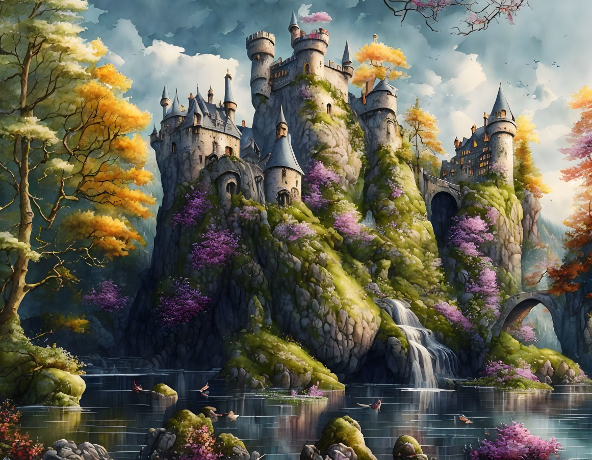 Majestic fairytale castle on lush hill with waterfalls and autumn trees