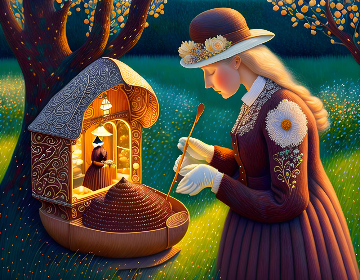 Illustration of woman in vintage dress painting whimsical tree house