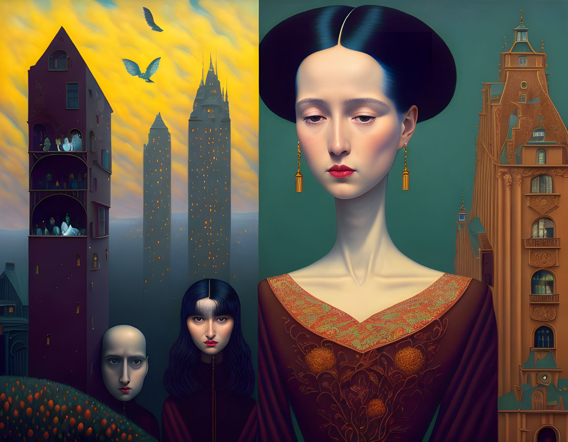 Colorful surreal portrait of a woman in ornate dress with quirky characters and flying birds.