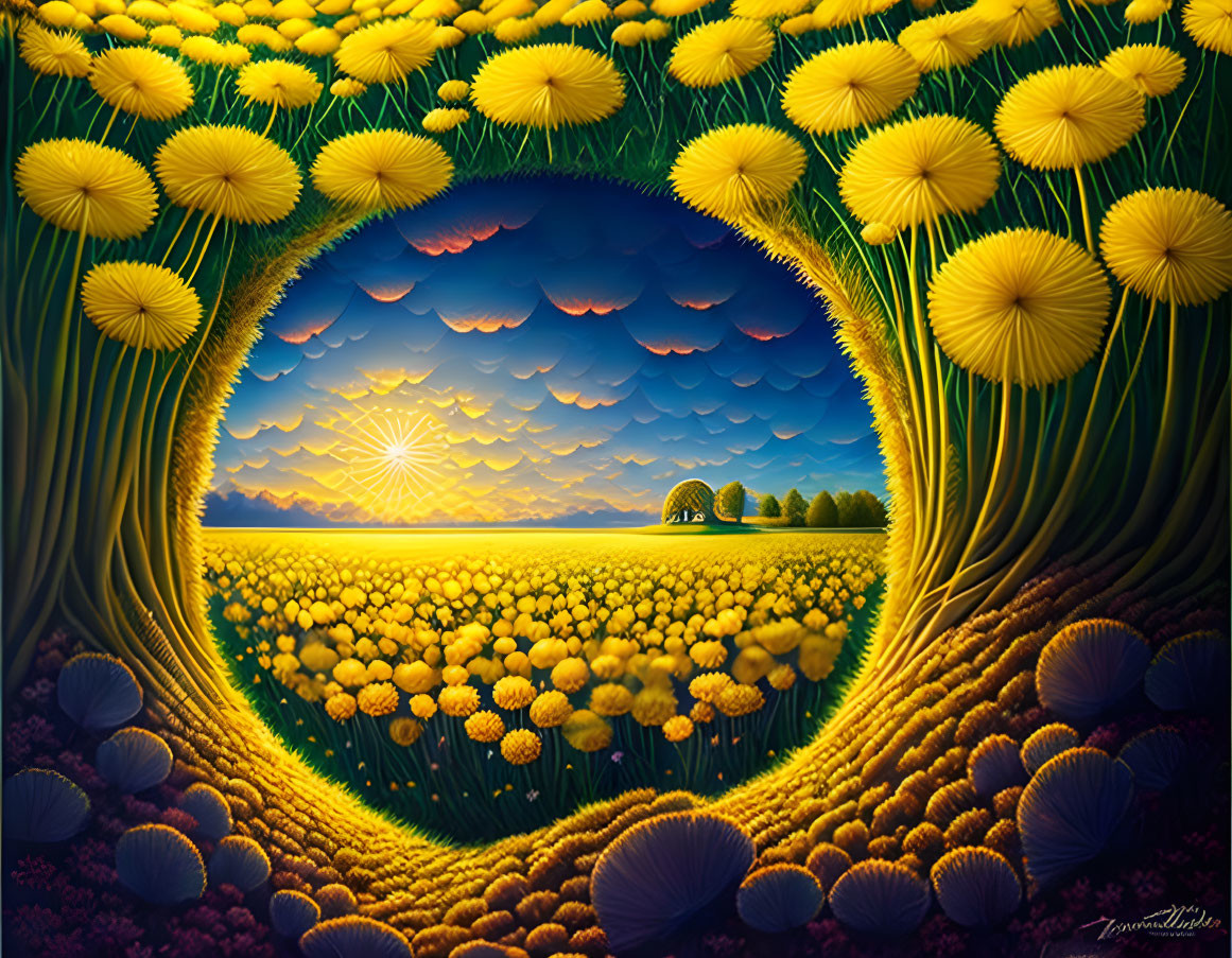 Colorful painting of surreal landscape with sunset and yellow flowers under circular arch.