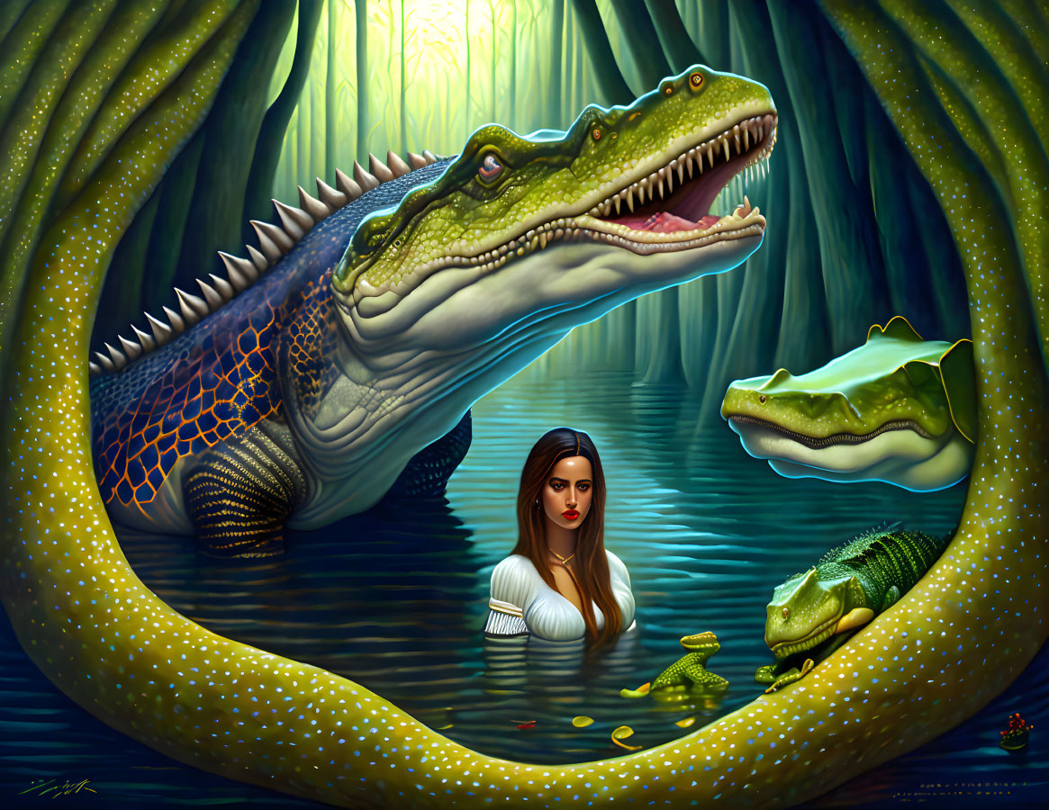 Woman in water with stylized crocodiles in mystical forest swamp