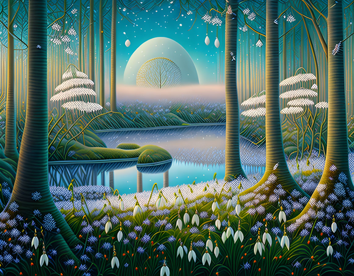 Tranquil fantasy forest with glowing flowers, reflective lake, and rising moon.