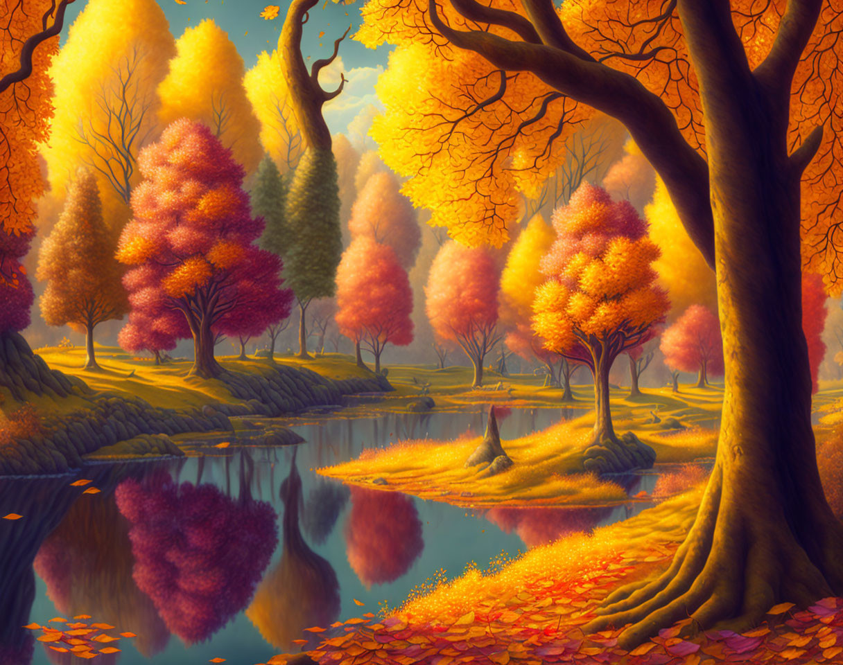 Colorful Autumn Trees Reflecting in Calm River Amid Fallen Leaves